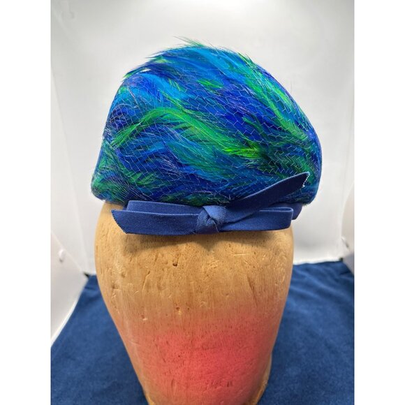 Vintage Blue & Green Feather bubble Hat Amy NY - Picture 1 of 12